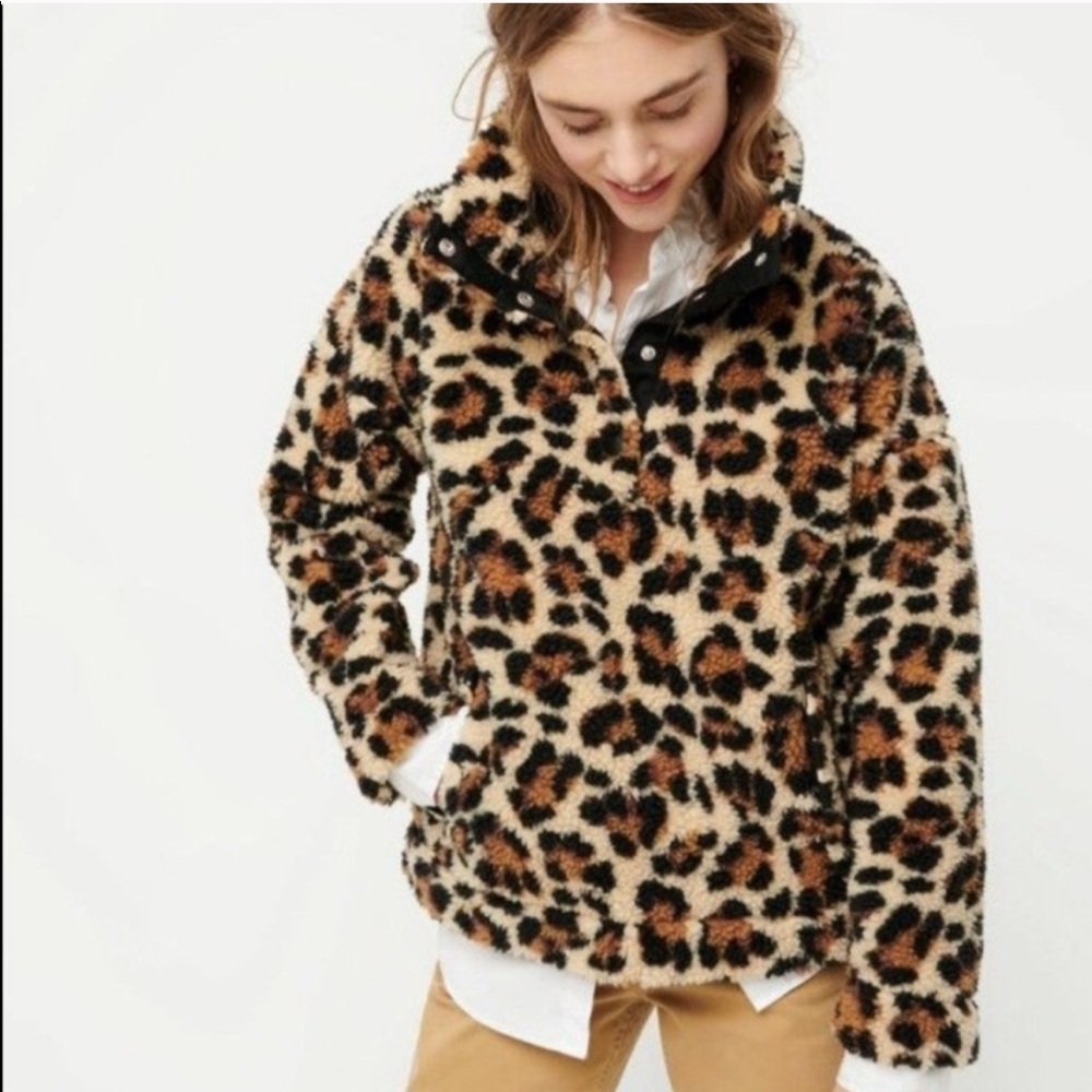 New! J. Crew Sherpa Leopard Pullover Snap Fleece